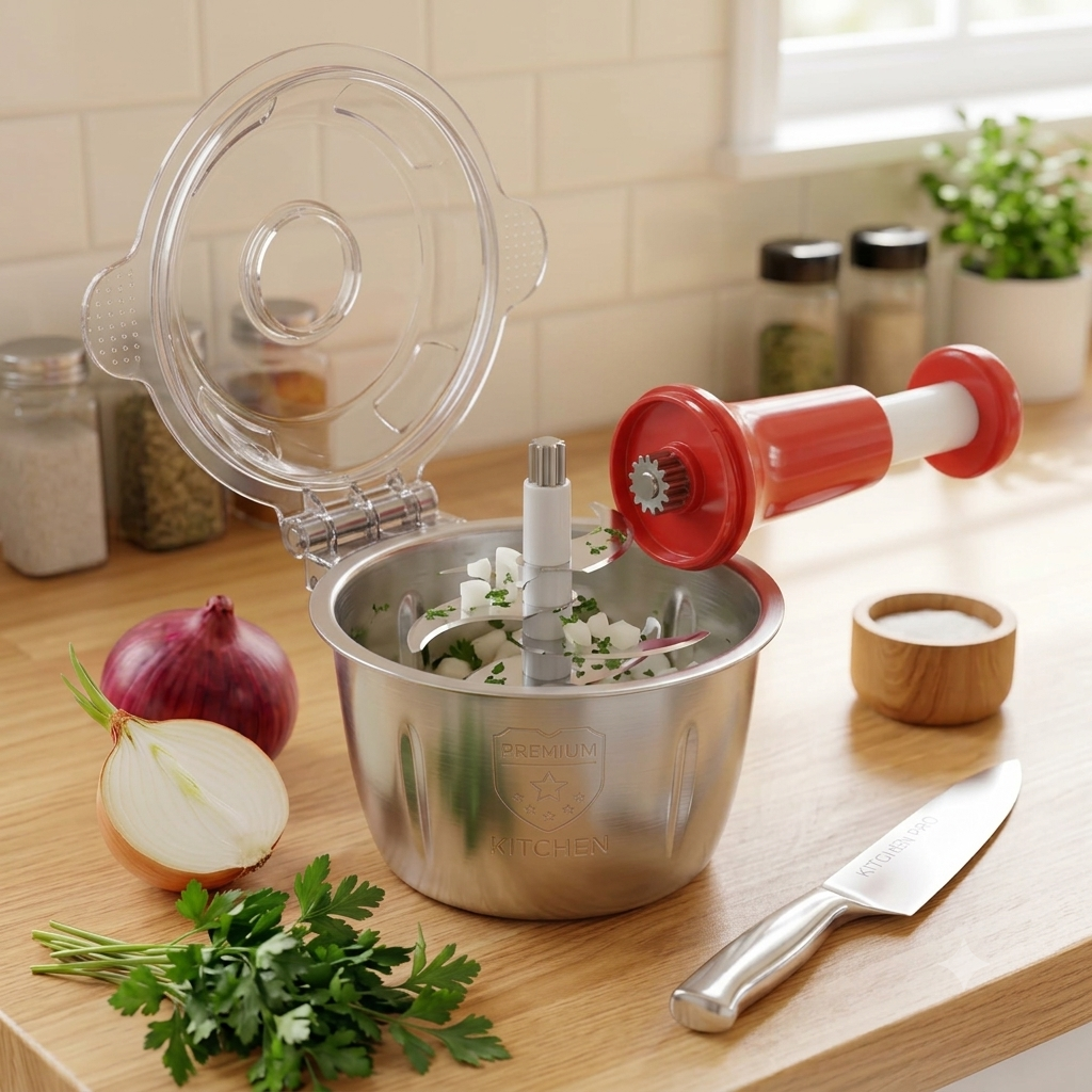 Effortless Quick-Prep manual Food Processor – Large Capacity Onion & Herb Chopper (Stainless Steel Bowl)