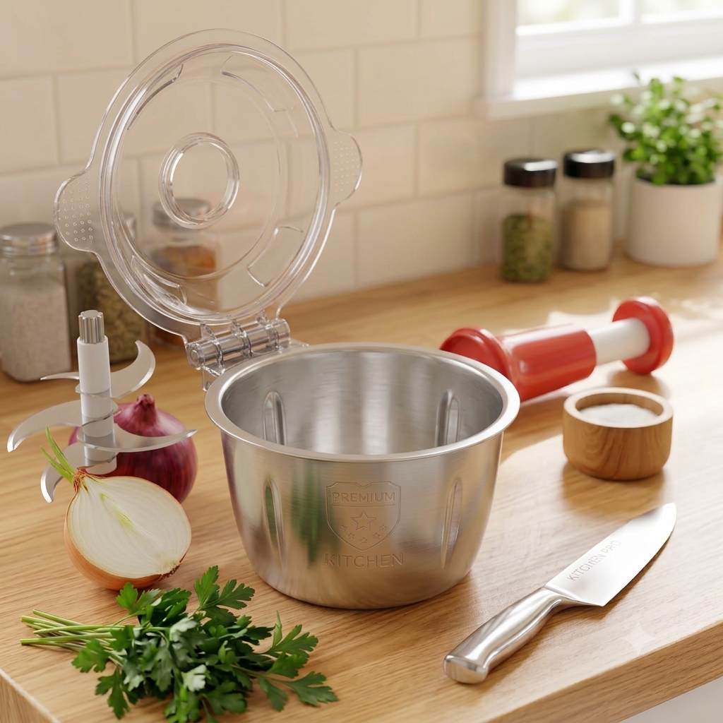 Effortless Quick-Prep manual Food Processor – Large Capacity Onion & Herb Chopper (Stainless Steel Bowl)