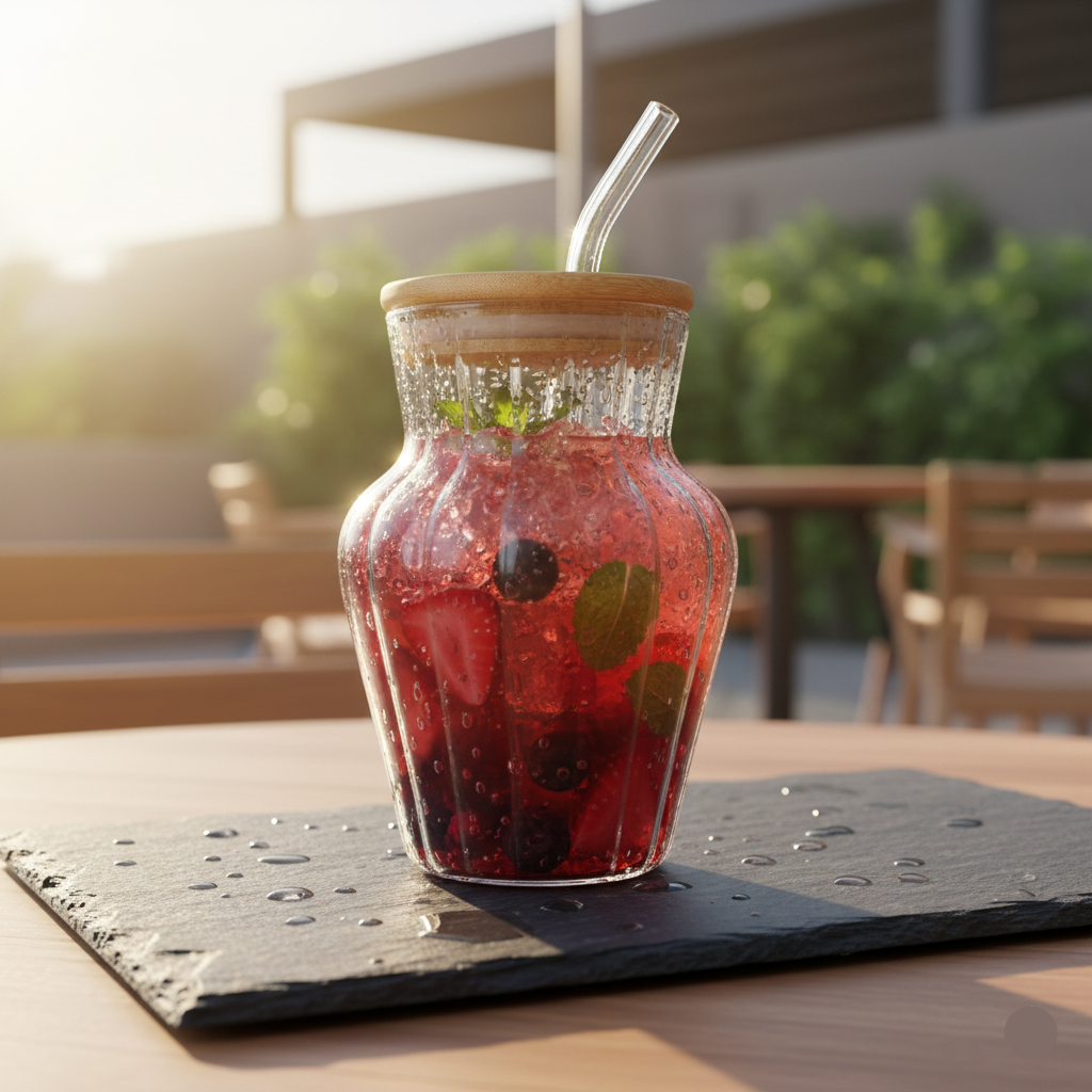 Short Ribbed Glass Tumbler with Bamboo Lid & Glass Straw – 500ml