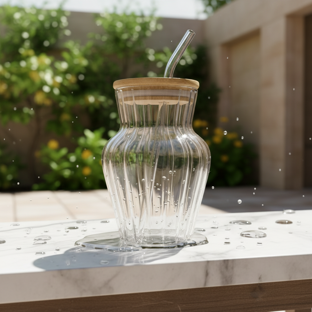Short Ribbed Glass Tumbler with Bamboo Lid & Glass Straw – 500ml