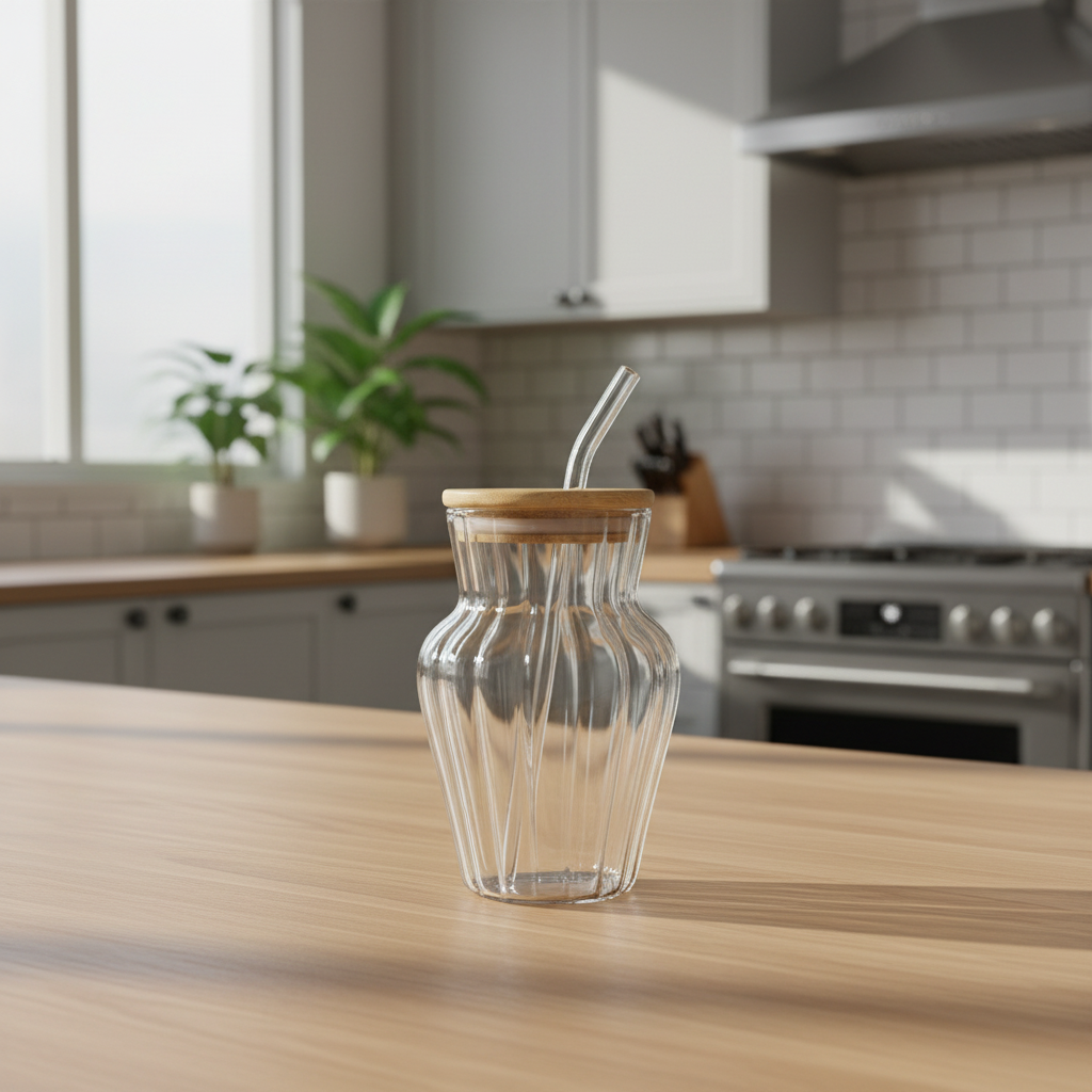 Short Ribbed Glass Tumbler with Bamboo Lid & Glass Straw – 500ml