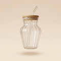 Short Ribbed Glass Tumbler with Bamboo Lid & Glass Straw – 500ml