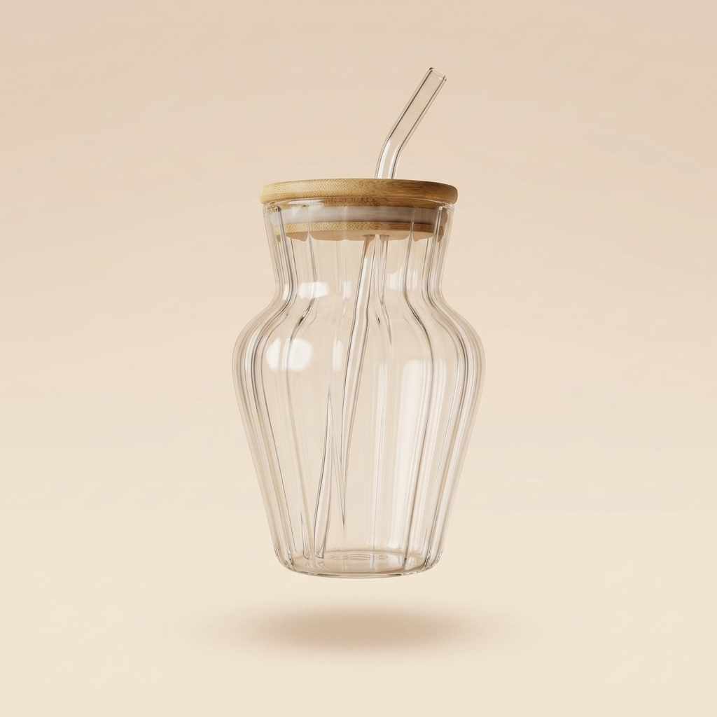 Short Ribbed Glass Tumbler with Bamboo Lid & Glass Straw – 500ml