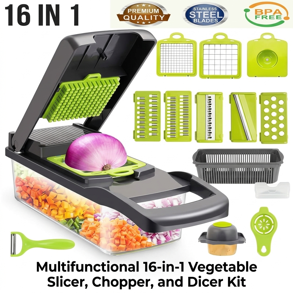16-in-1 Multifunctional Vegetable Chopper, Dicer & Slicer Kit with Container