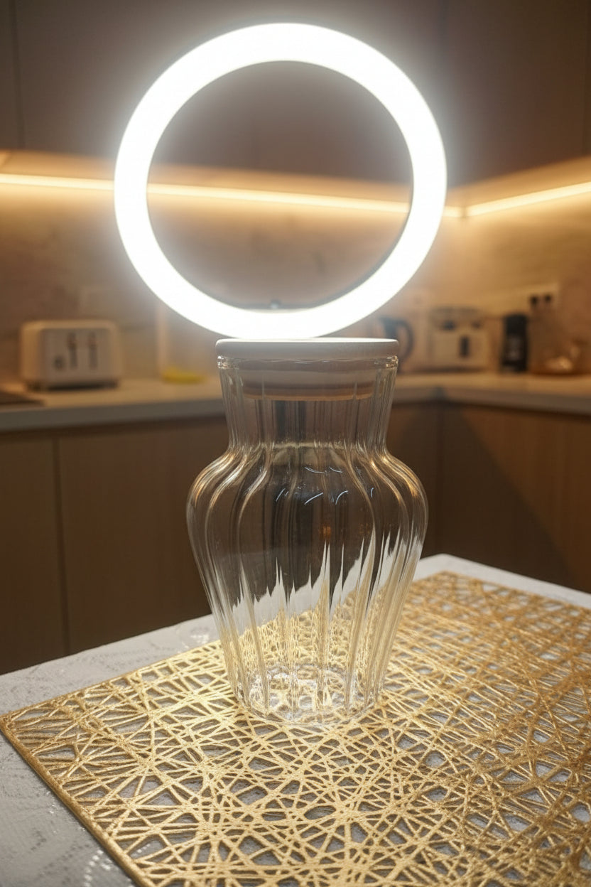 Short Ribbed Glass Tumbler with Bamboo Lid & Glass Straw – 500ml
